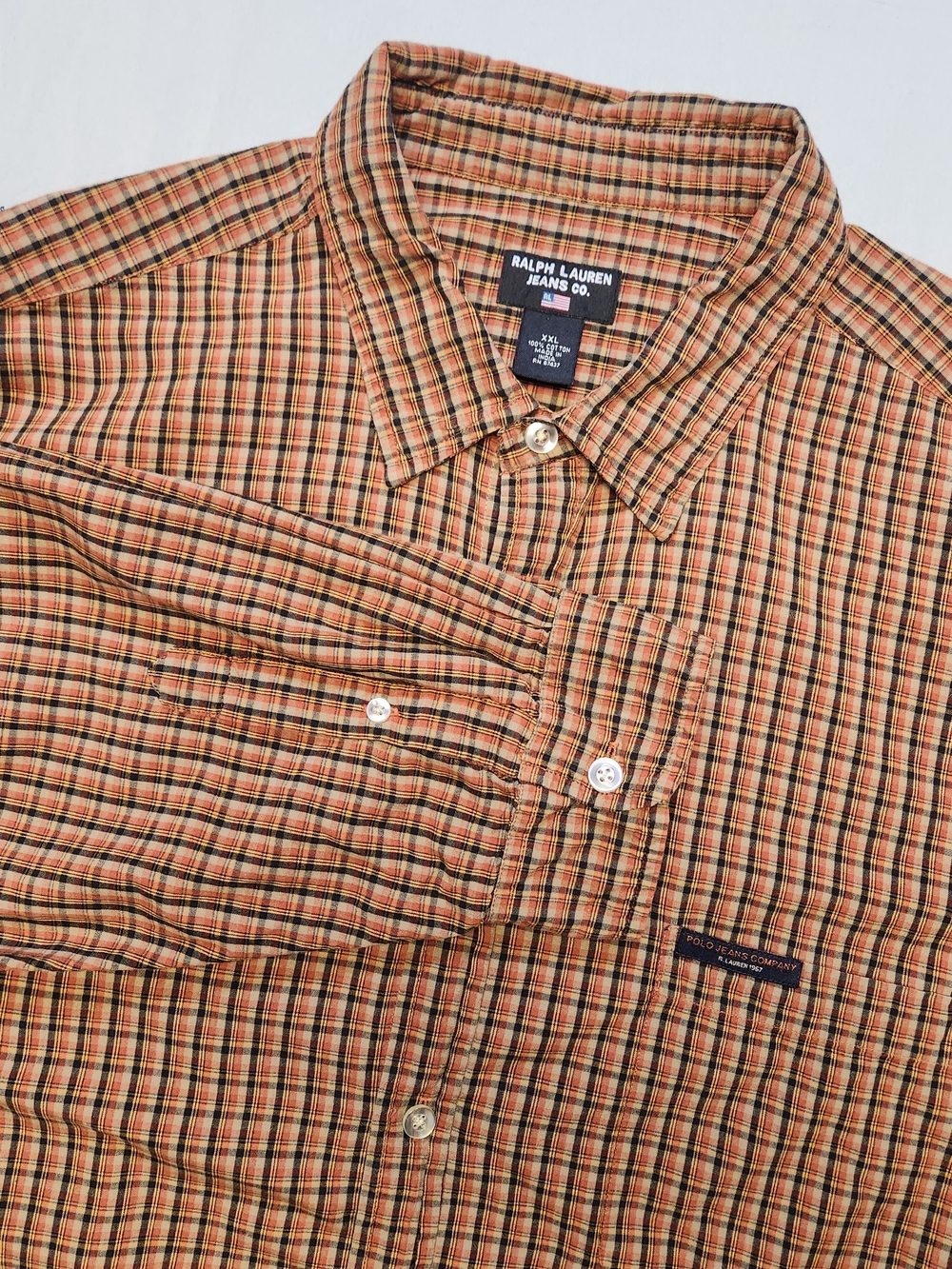 Vintage Ralph Lauren Jeans Co. Shirt Men XXL Orange Plaid Button Up Pockets 90s